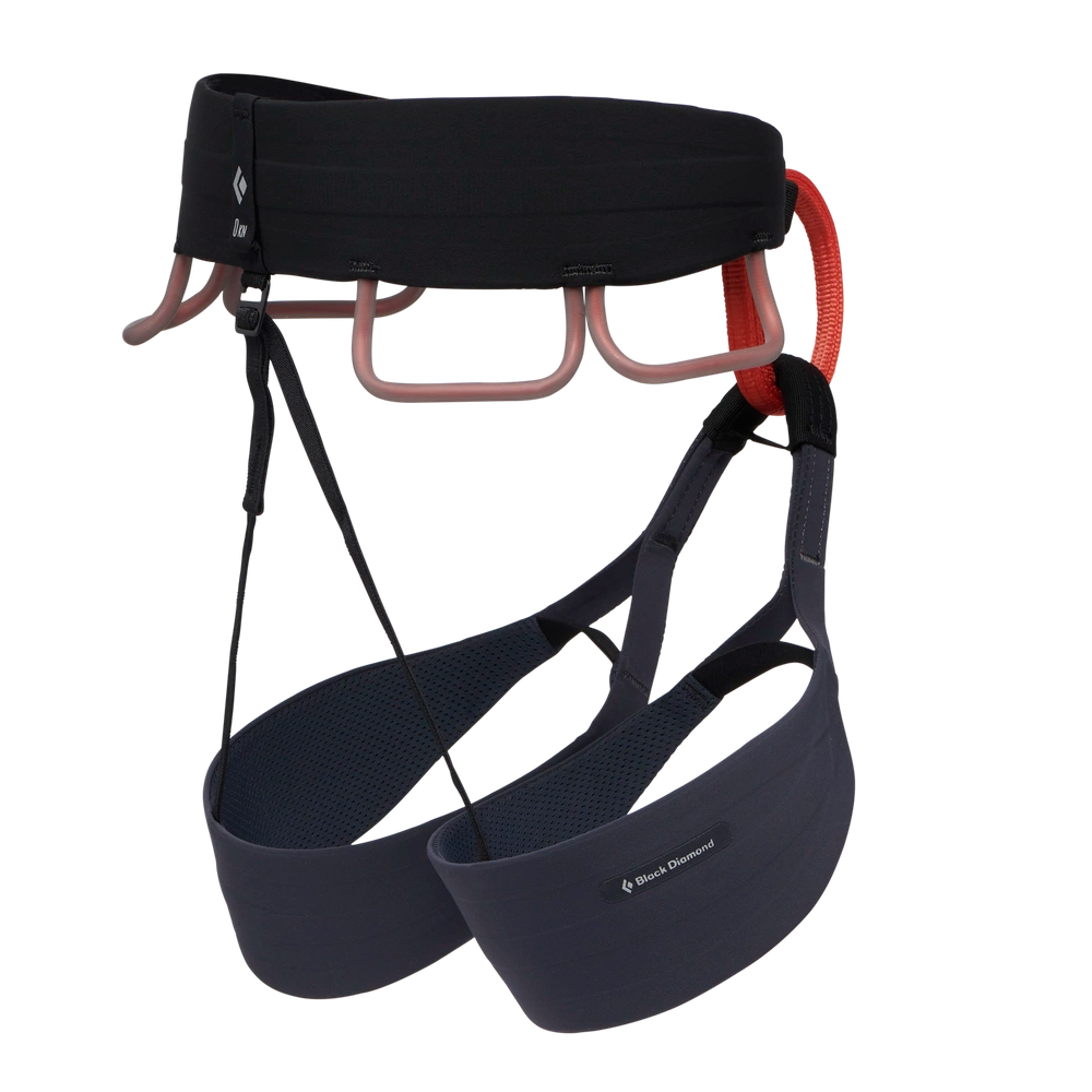 Black and red climbing harness on a white background