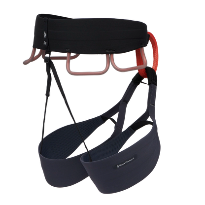 Black and red climbing harness on a white background