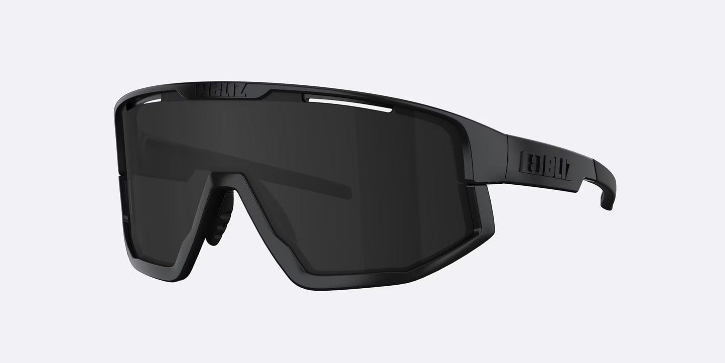 Black sunglasses with a brand logo on a light gray background