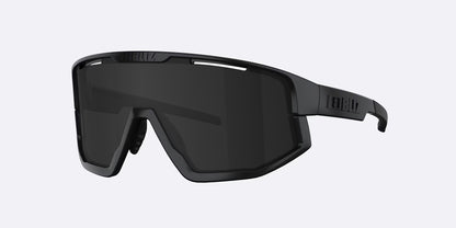 Black sunglasses with a brand logo on a light gray background