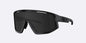 Black sunglasses with a brand logo on a light gray background