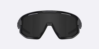 Black goggles with dark lenses on a light gray background