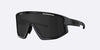 Black sunglasses with a brand logo on a light gray background