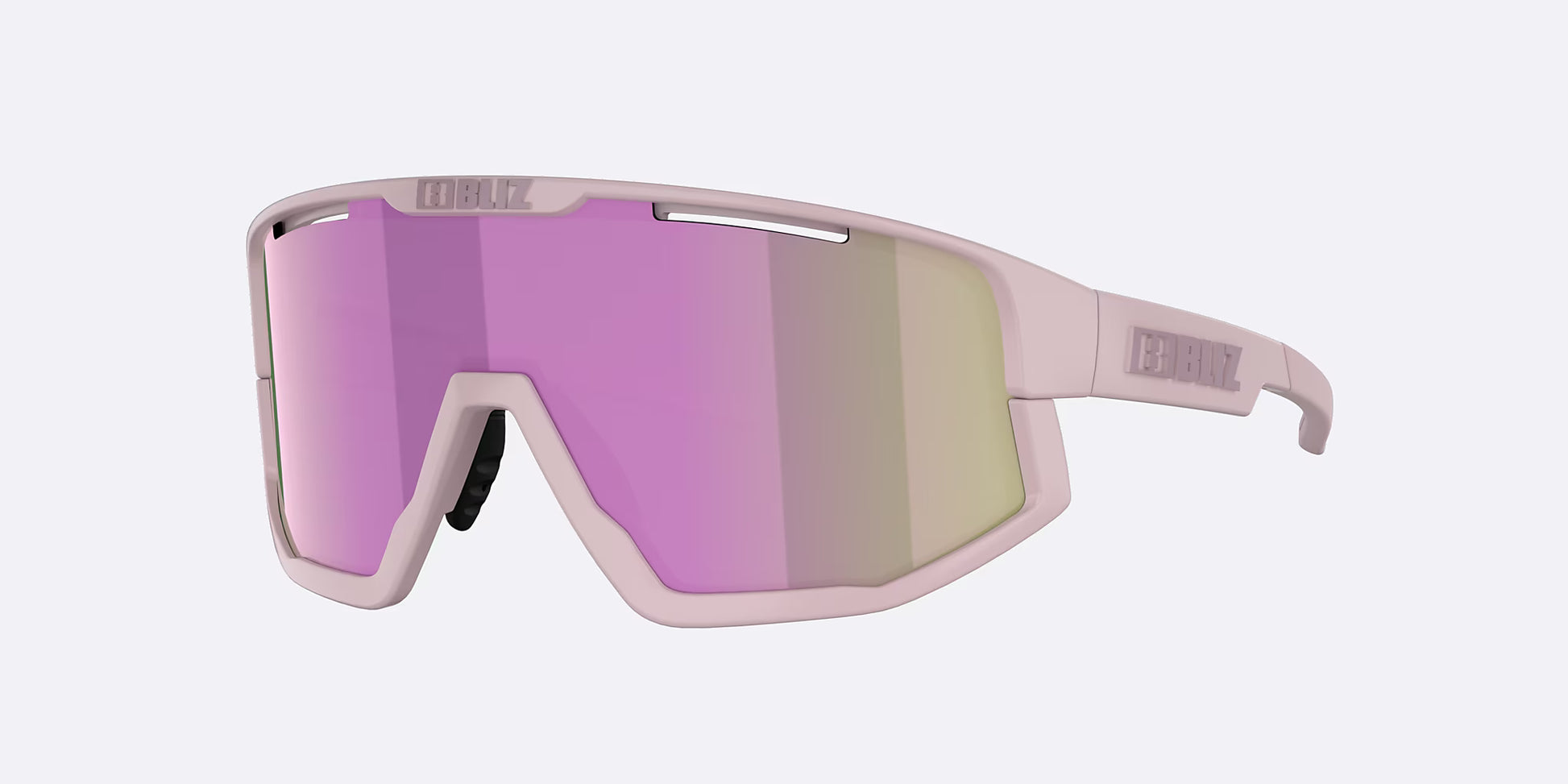 Sunglasses with pink and beige gradient lenses on a white background
