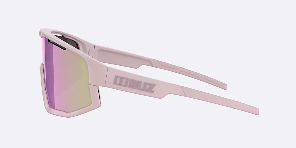 Sunglasses with pink frame and purple-tinted lenses on a white background