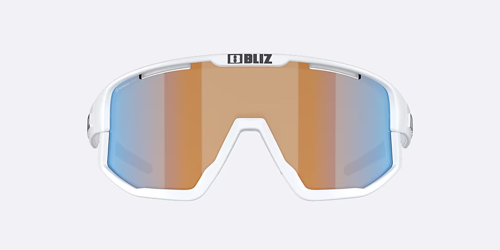 Sunglasses with reflective lenses on a white background