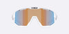 Sunglasses with reflective lenses on a white background