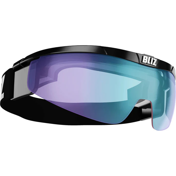 Black goggles with a reflective purple and blue lens on a white background