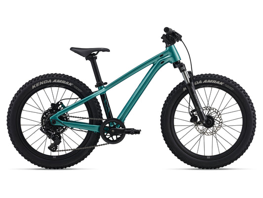 Teal mountain bike with black tires on a white background
