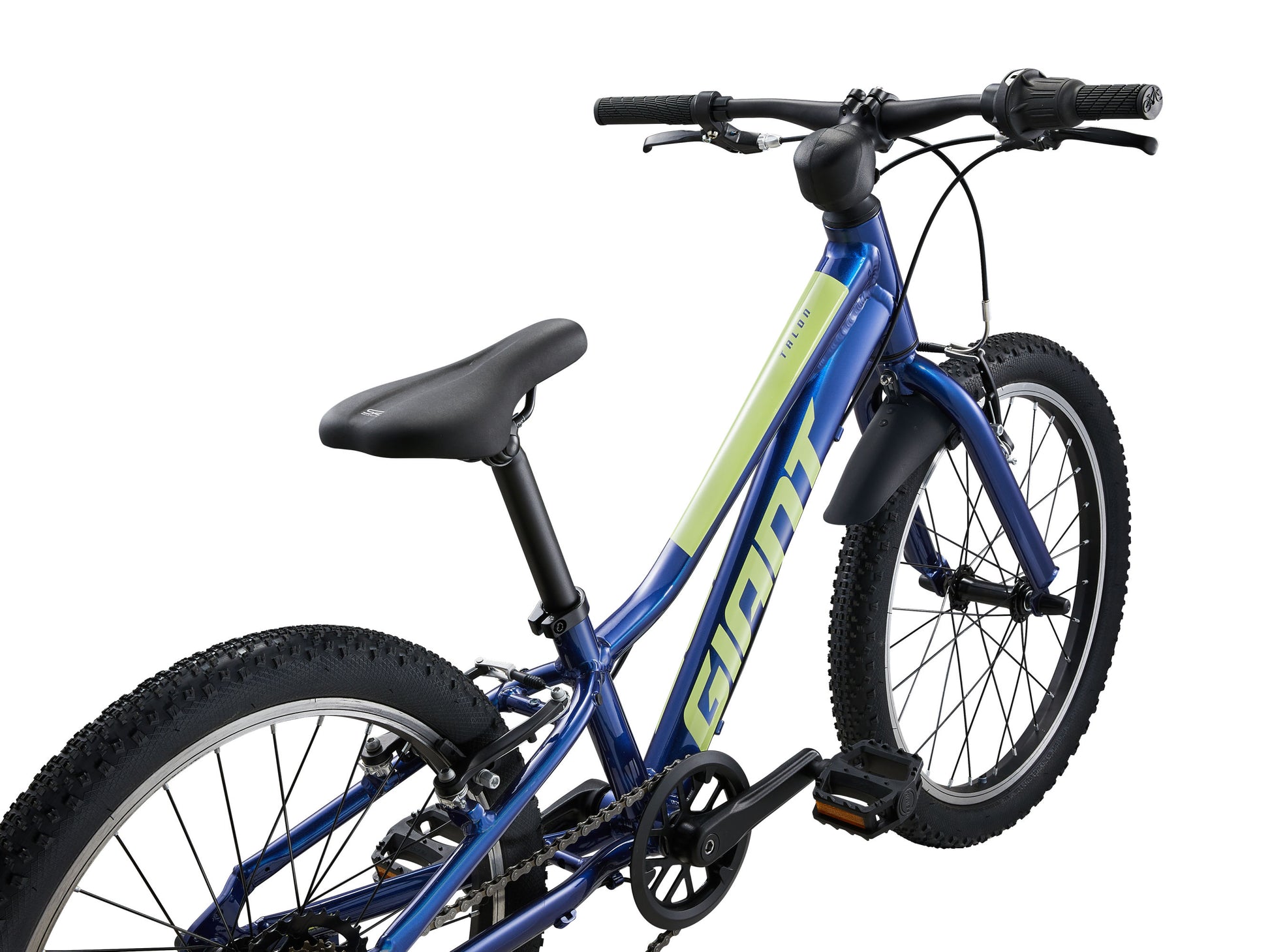 Blue children's bicycle with black seat and tires on a white background