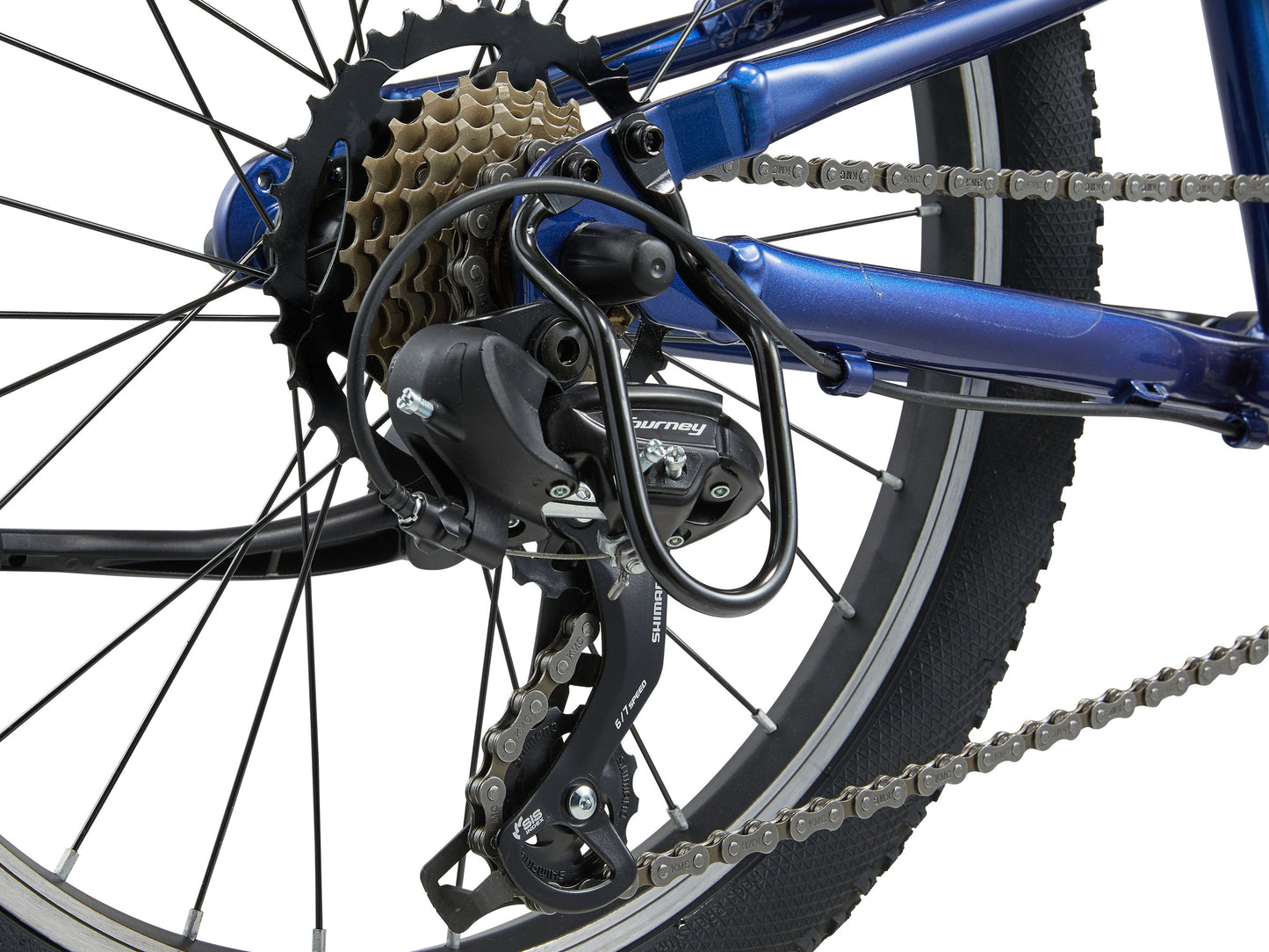 Close-up of a bicycle's gear system with a blue frame on a white background