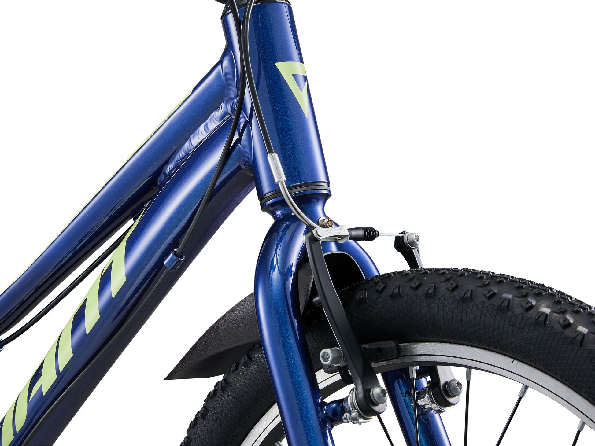 Close-up of a blue children's bicycle with a white background