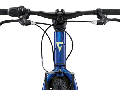 Close-up of a bicycle handlebar with blue fork and black grips on a white background