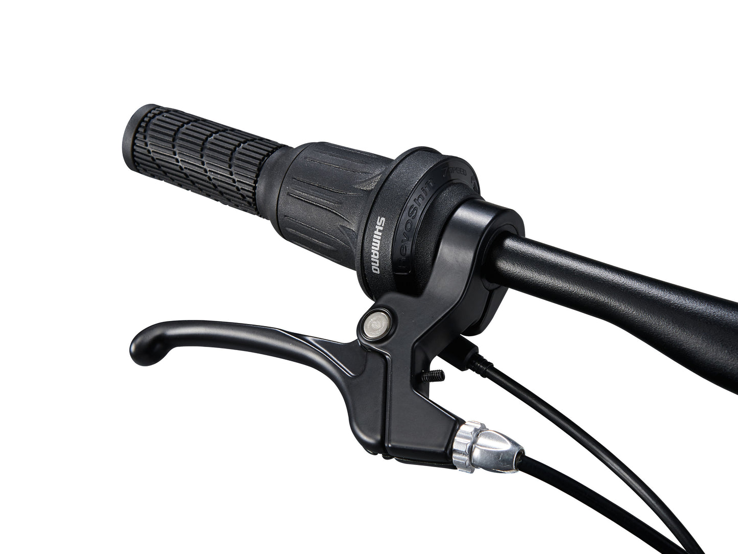 Close-up of a motorcycle handlebar with black grips and brake lever on a white background