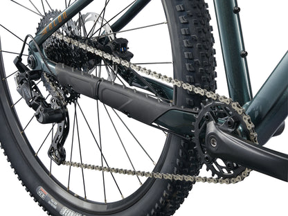 Close-up of a bicycle chain and gear system on a white background