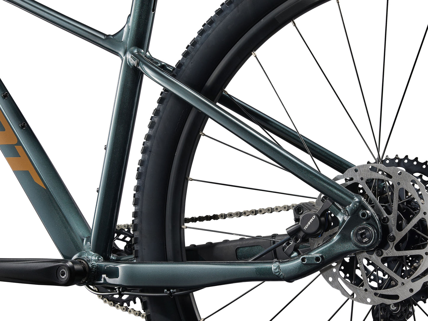 Close-up of a bicycle's chain mechanism on a white background