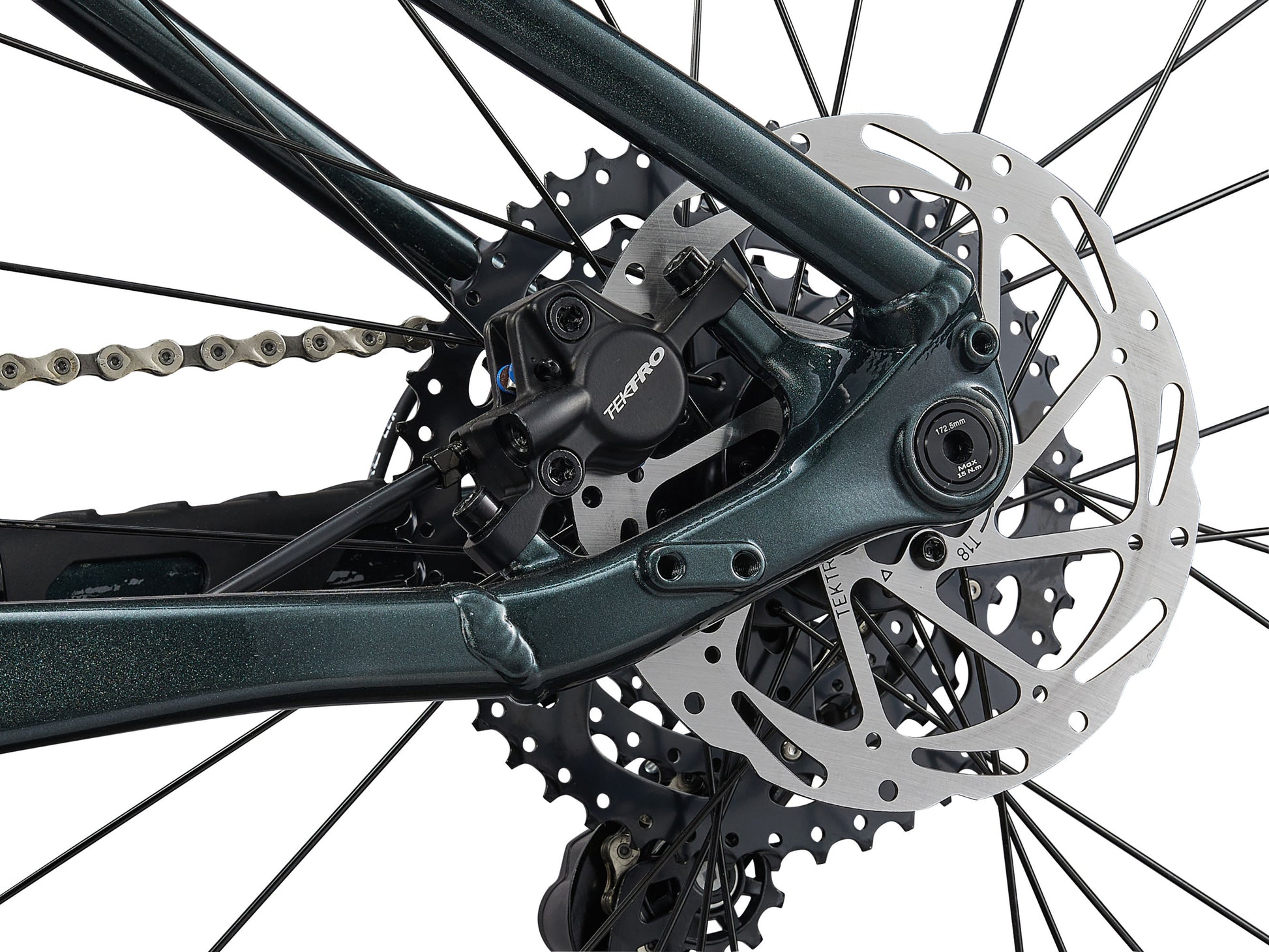 Close-up of a bicycle's gear system with a disc brake on a white background