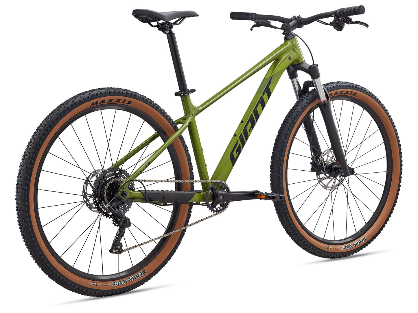 Green mountain bike with brown tires on a white background