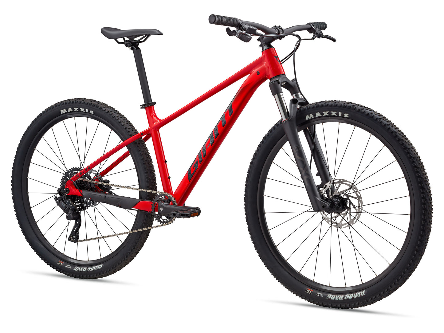 Red mountain bike with black components on a white background