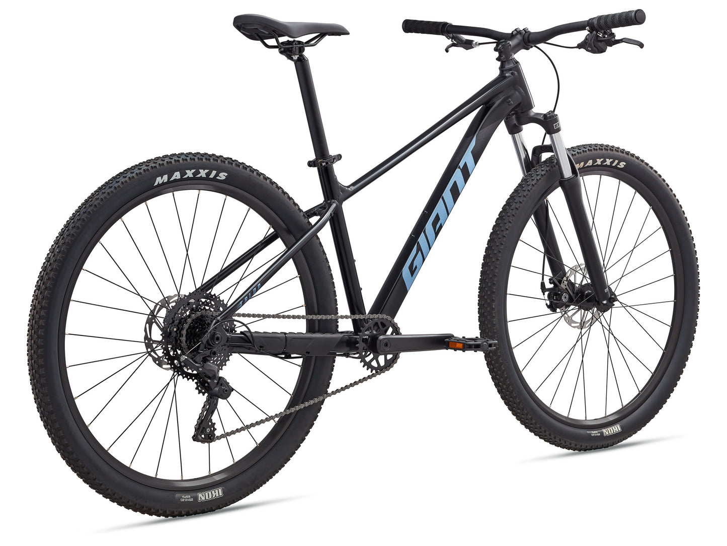 Black mountain bike with Maxxis tires on a white background