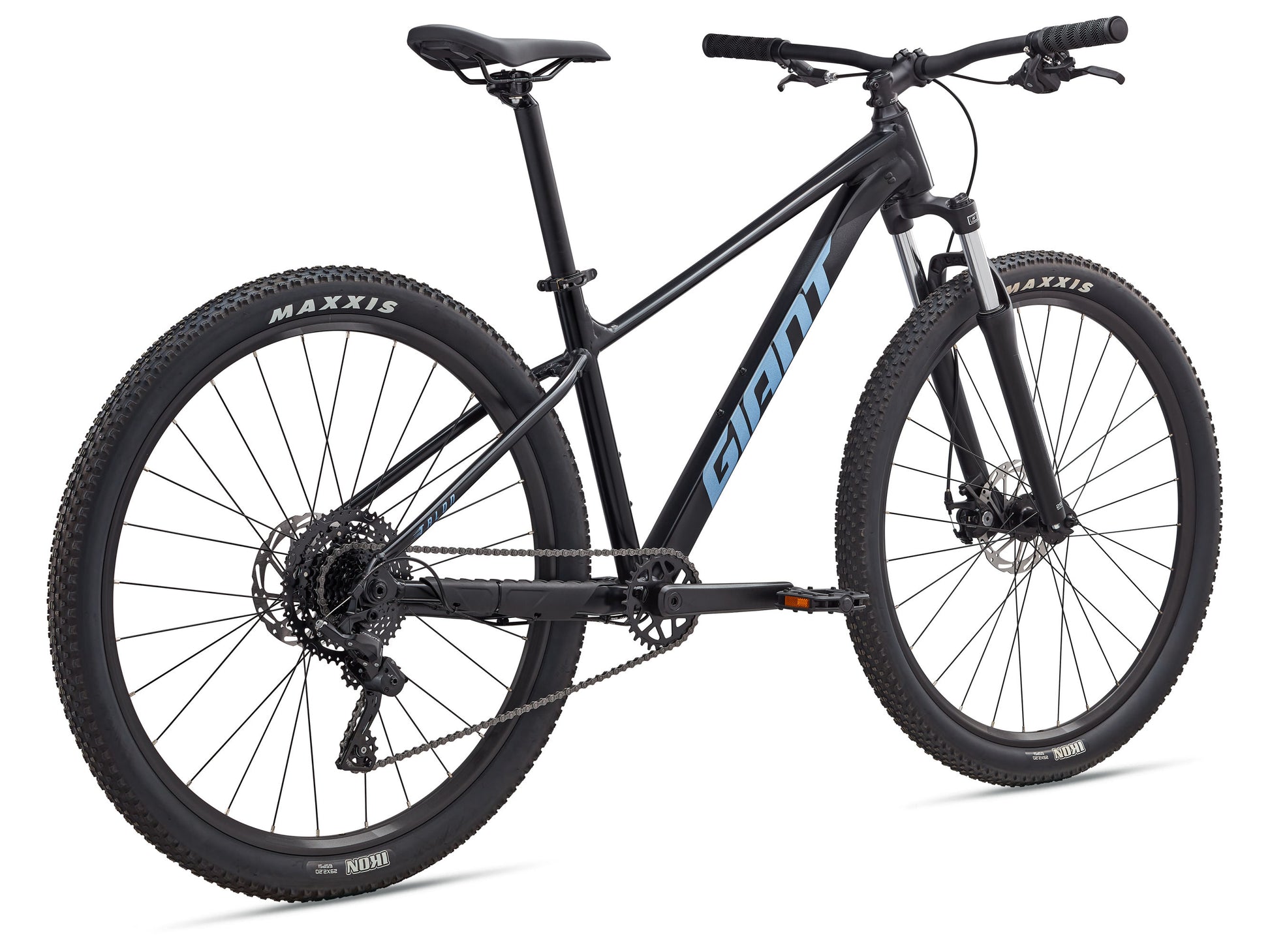 Black mountain bike with Maxxis tires on a white background