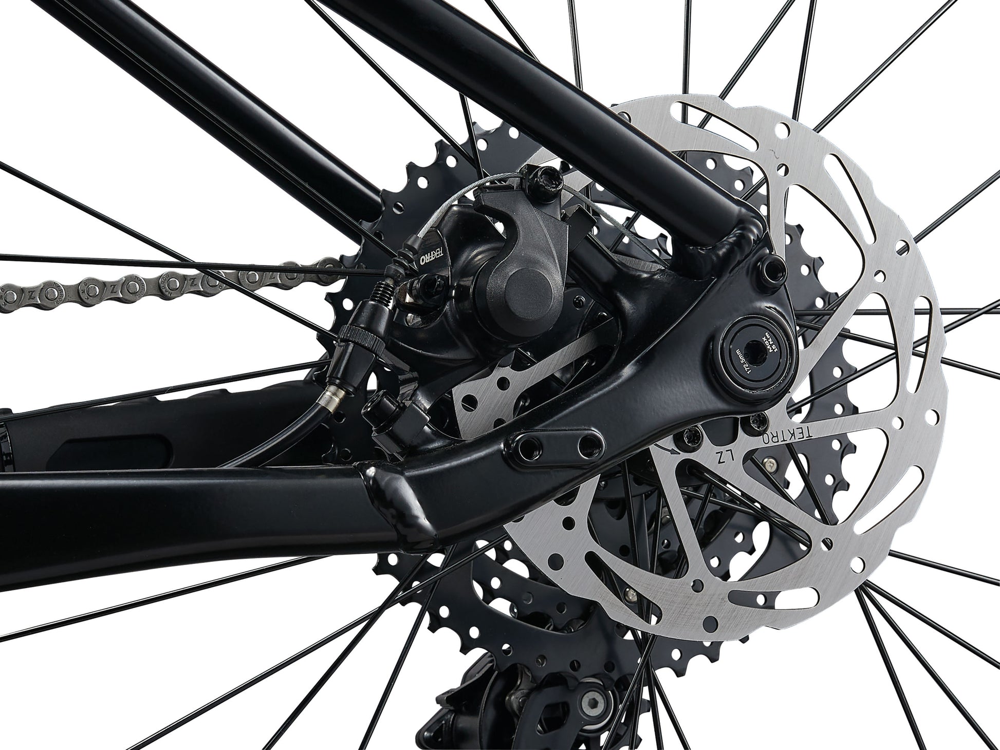 Close-up of a bicycle's rear wheel and gear system on a white background