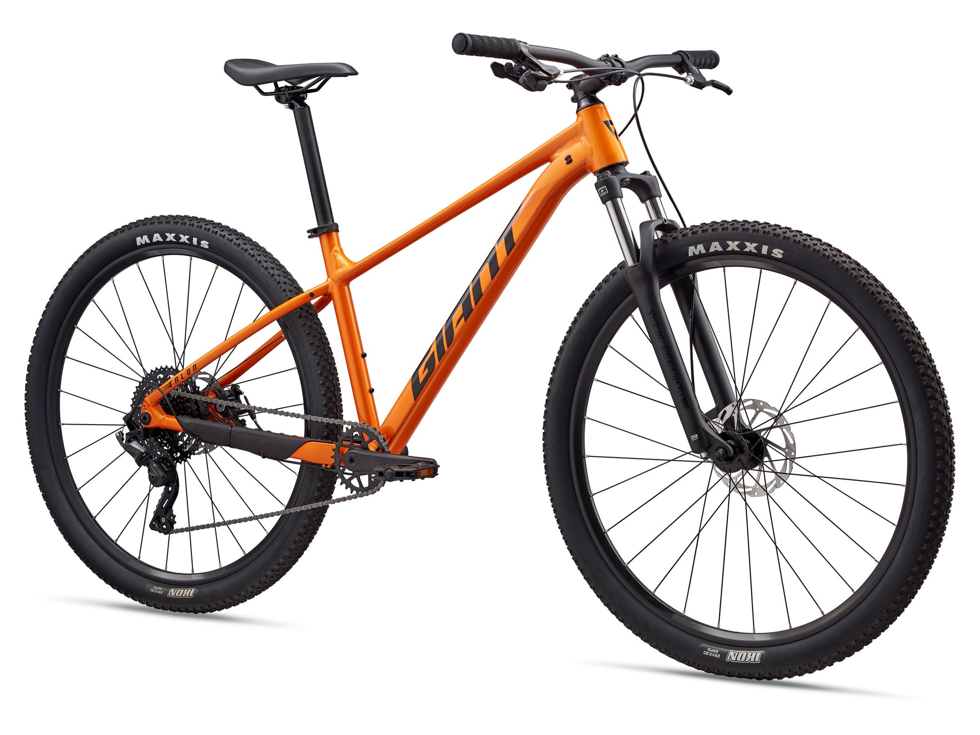 Orange mountain bike with black components on a white background