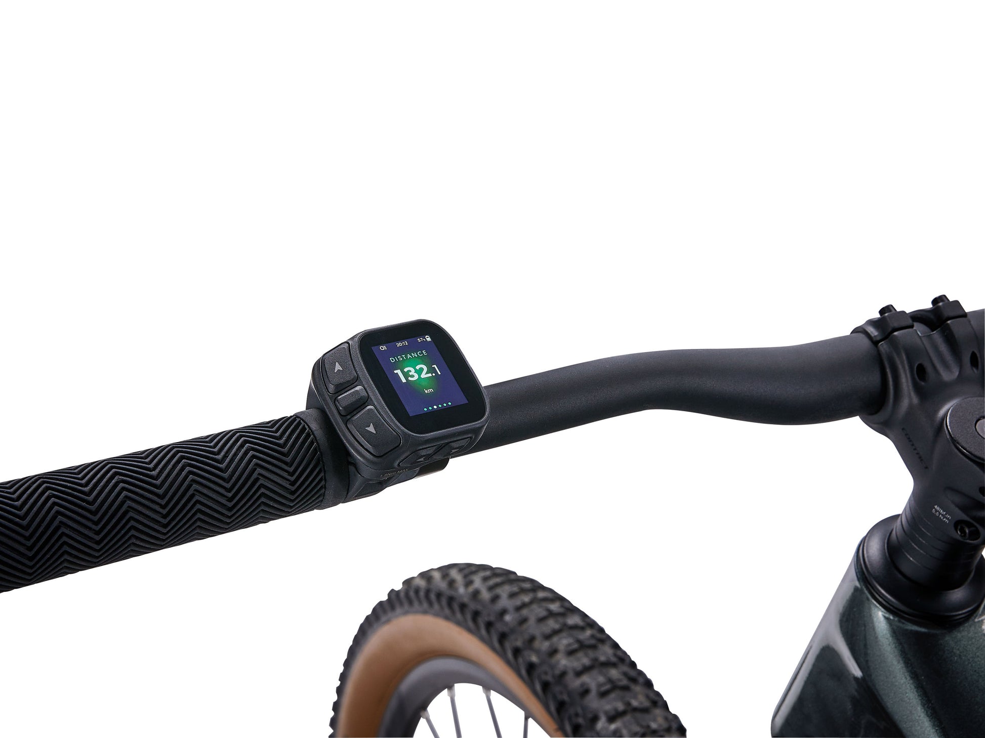 Smart bike handlebar with digital display on a white background