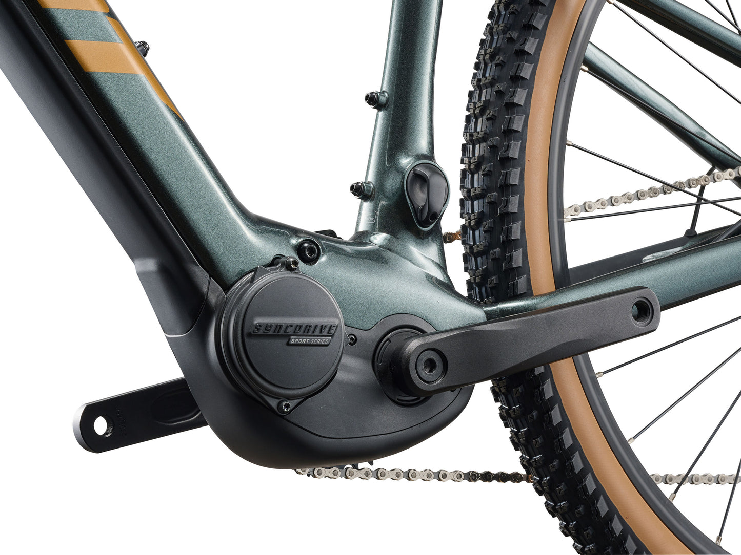 Close-up of a bicycle with an electric bike motor on a white background