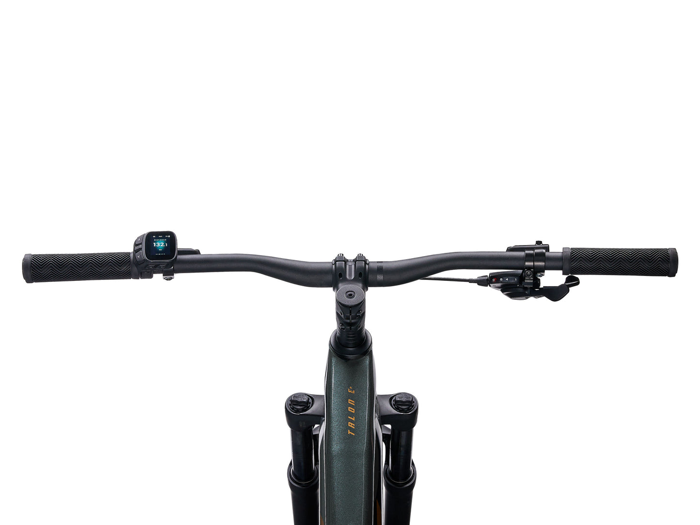 Close-up of a bicycle handlebar with a white background