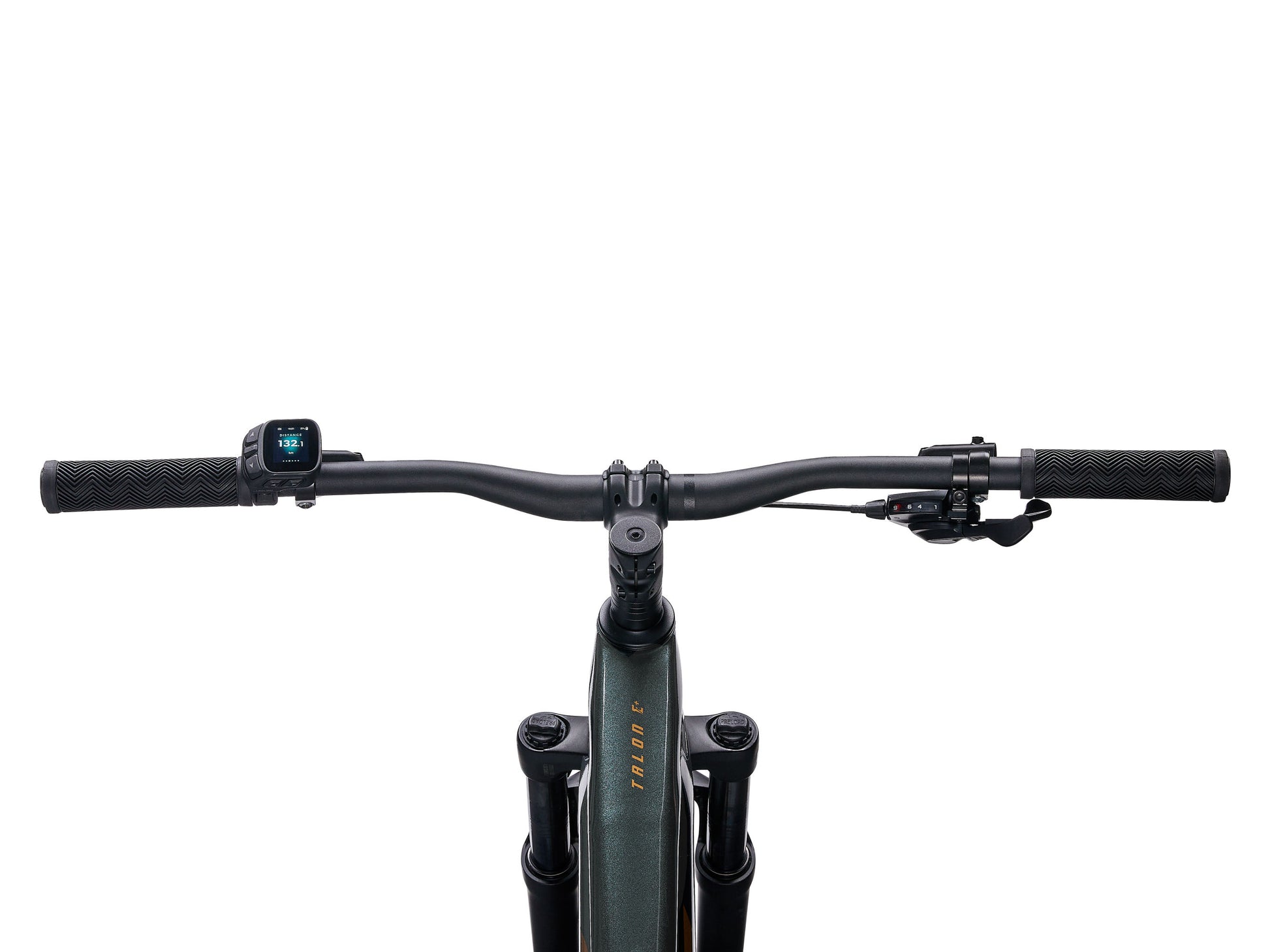 Close-up of a bicycle handlebar with a white background