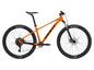 Orange bicycle with black components on a white background