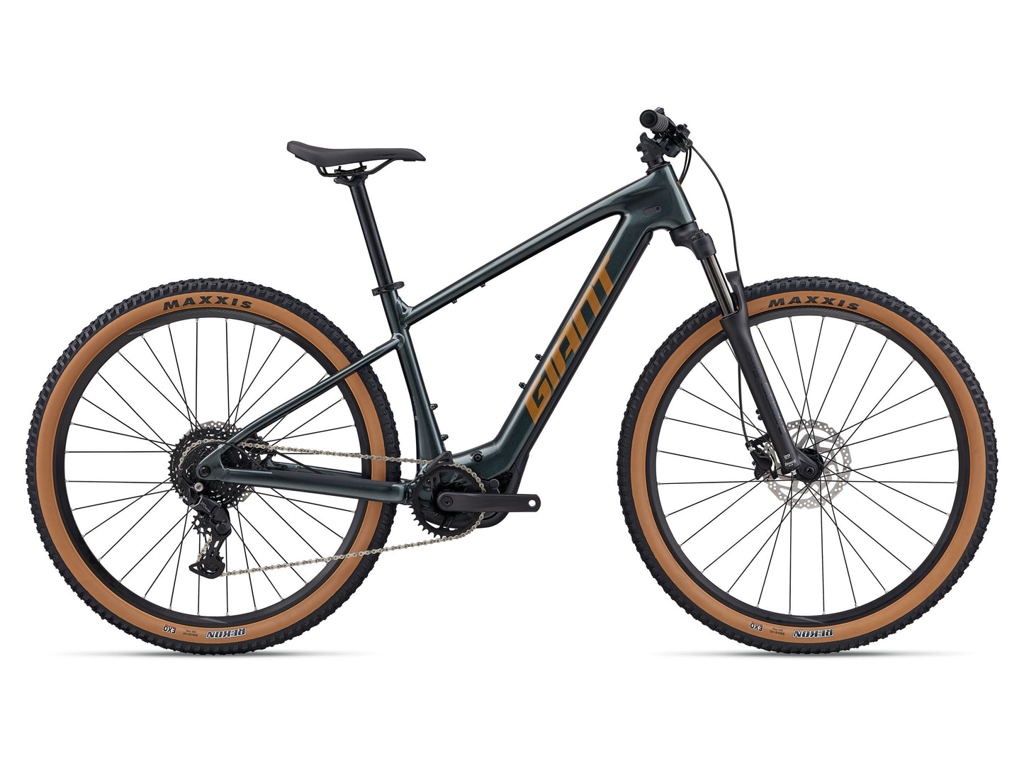 Black electric bicycle with brown tires on a white background
