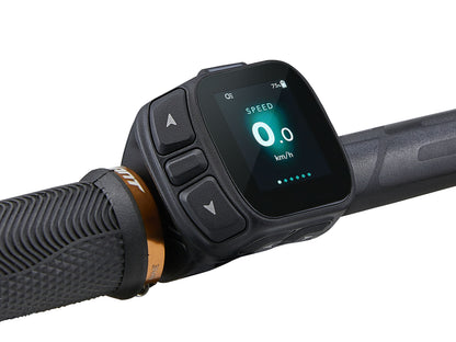 Digital display on a handlebar with speed measurement on a white background