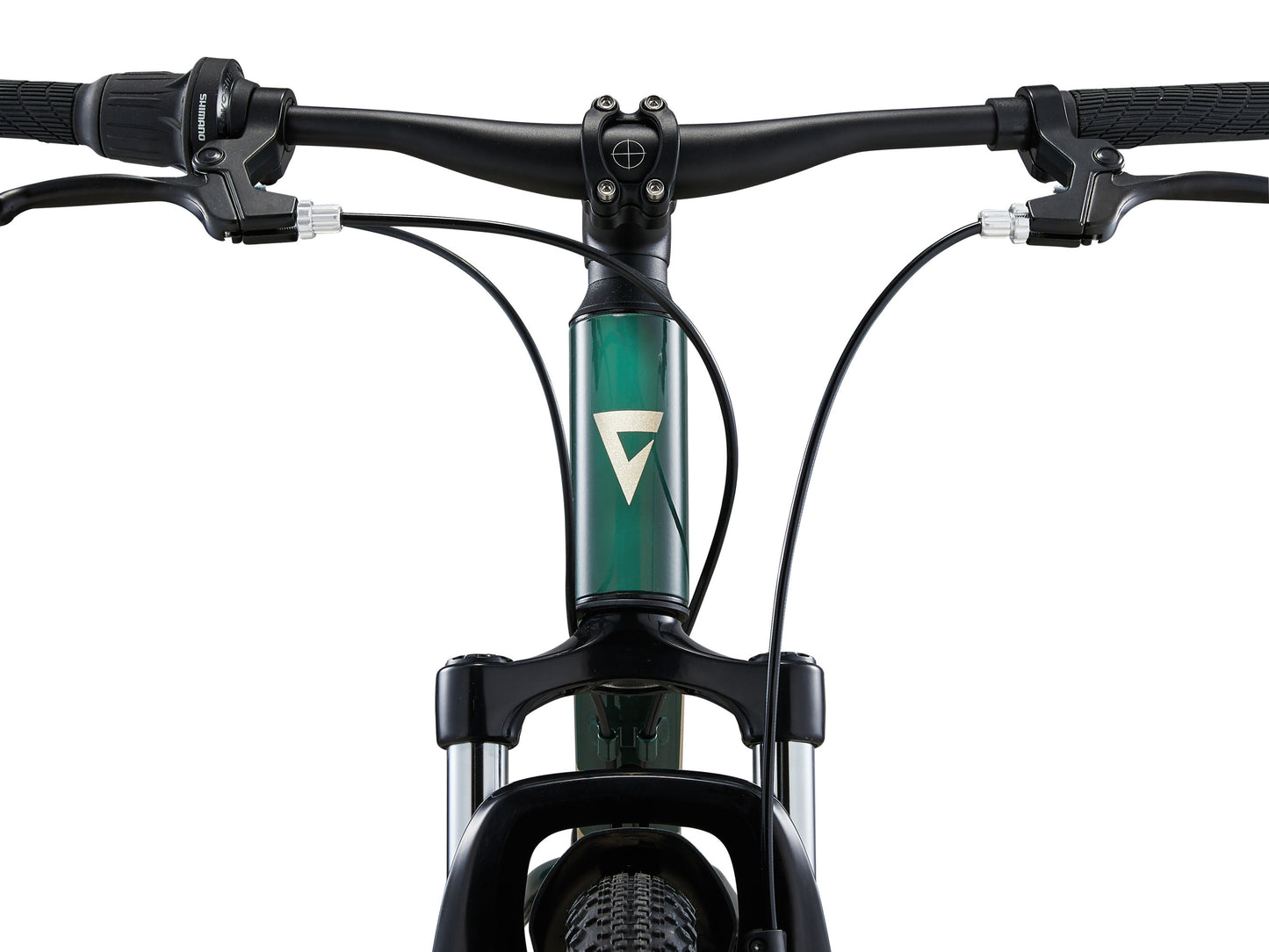 Close-up of a bicycle handlebar with a brand logo on a white background