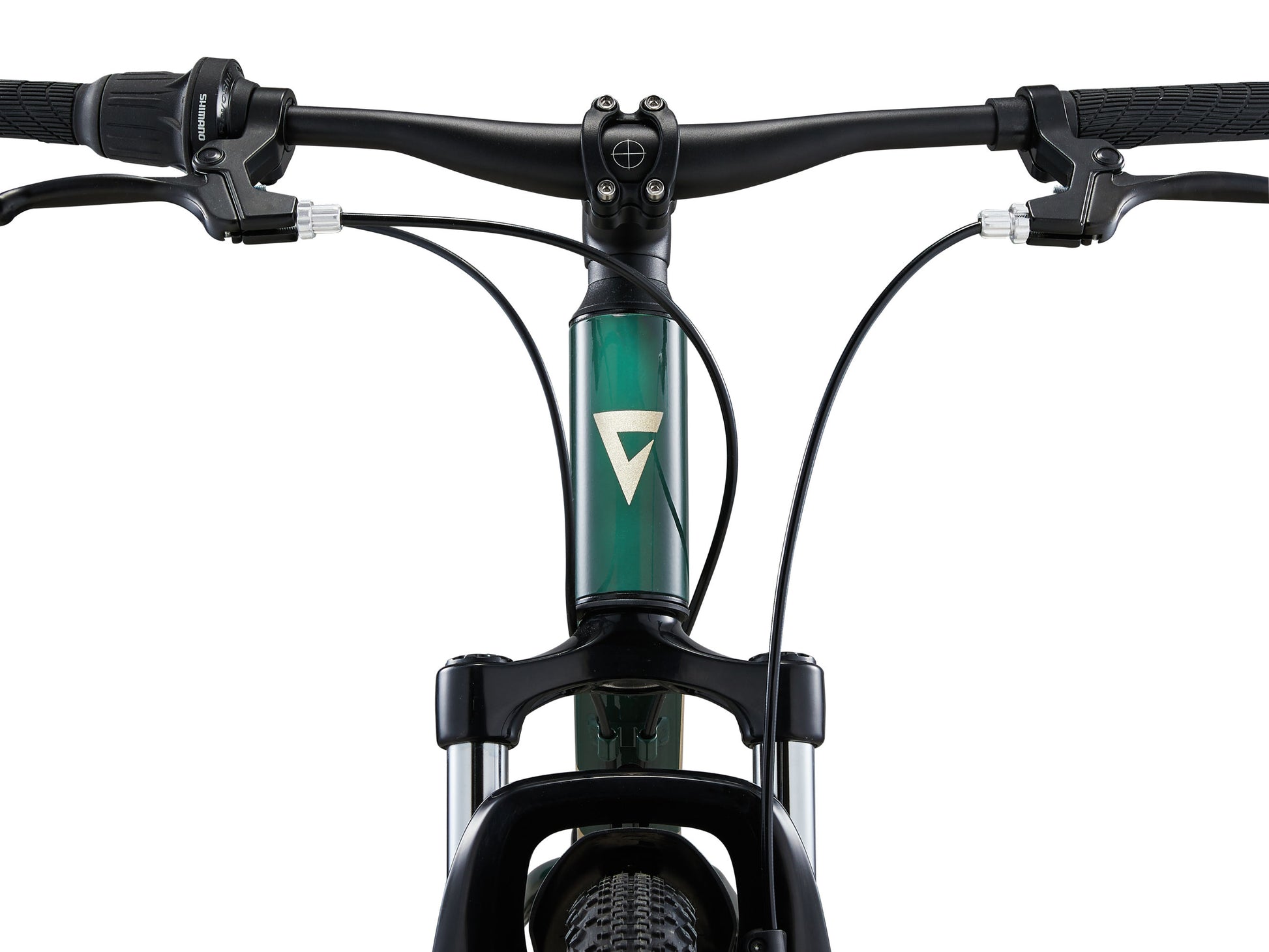 Close-up of a bicycle handlebar with a brand logo on a white background
