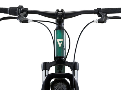 Close-up of a bicycle handlebar with a brand logo on a white background
