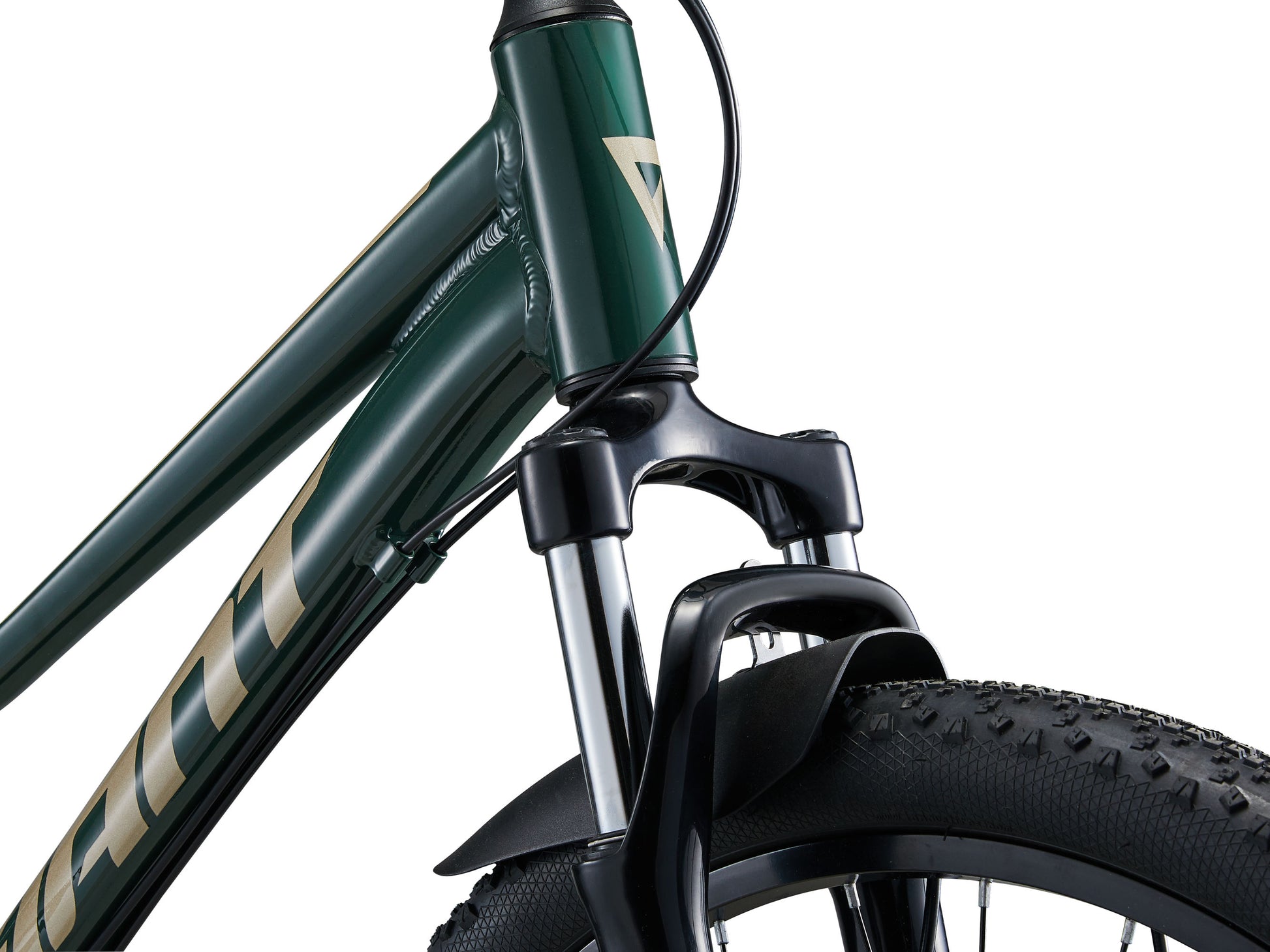 Close-up of a green bicycle frame with brand logo on a white background