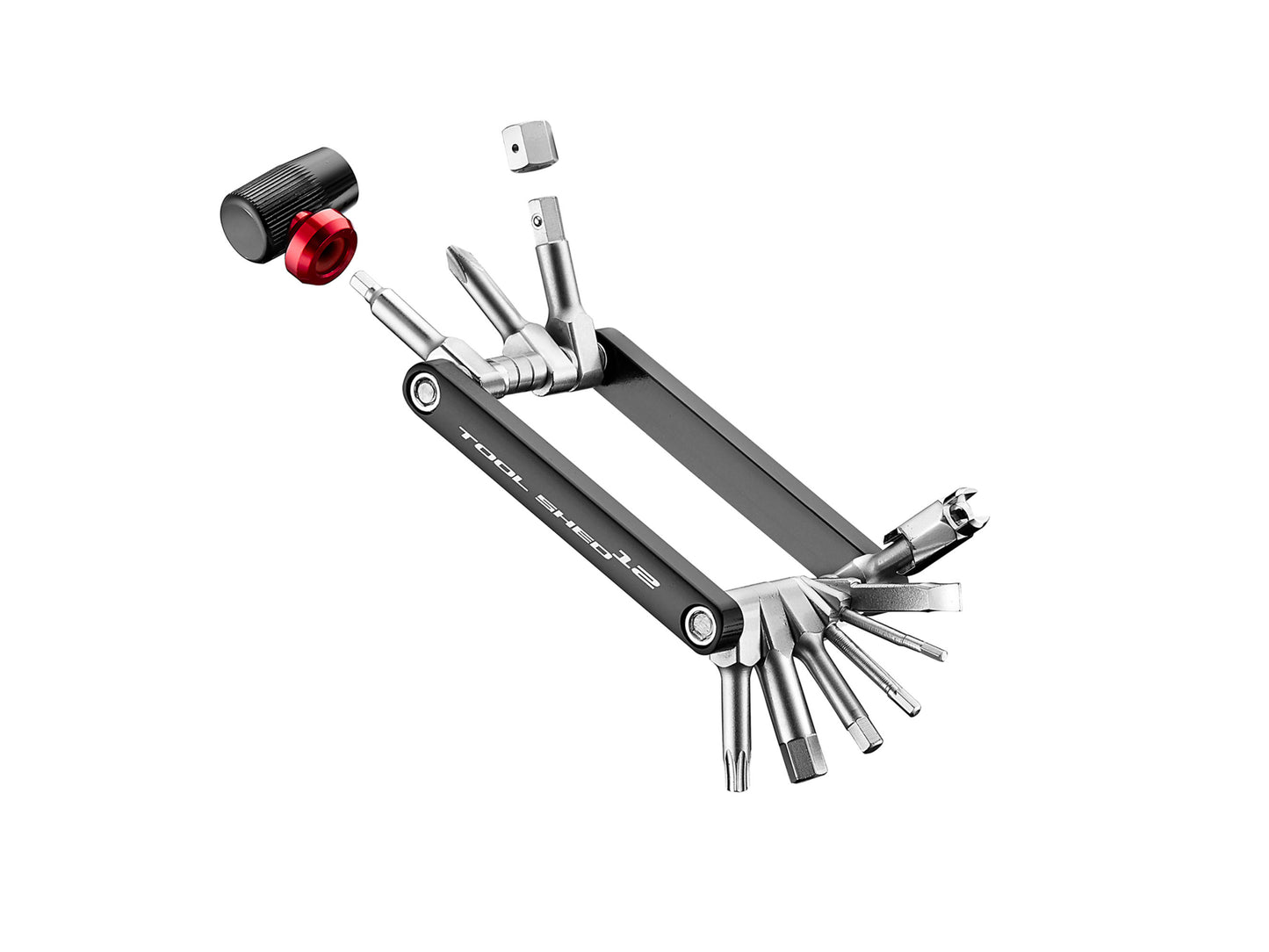 Multitool with various components on a white background