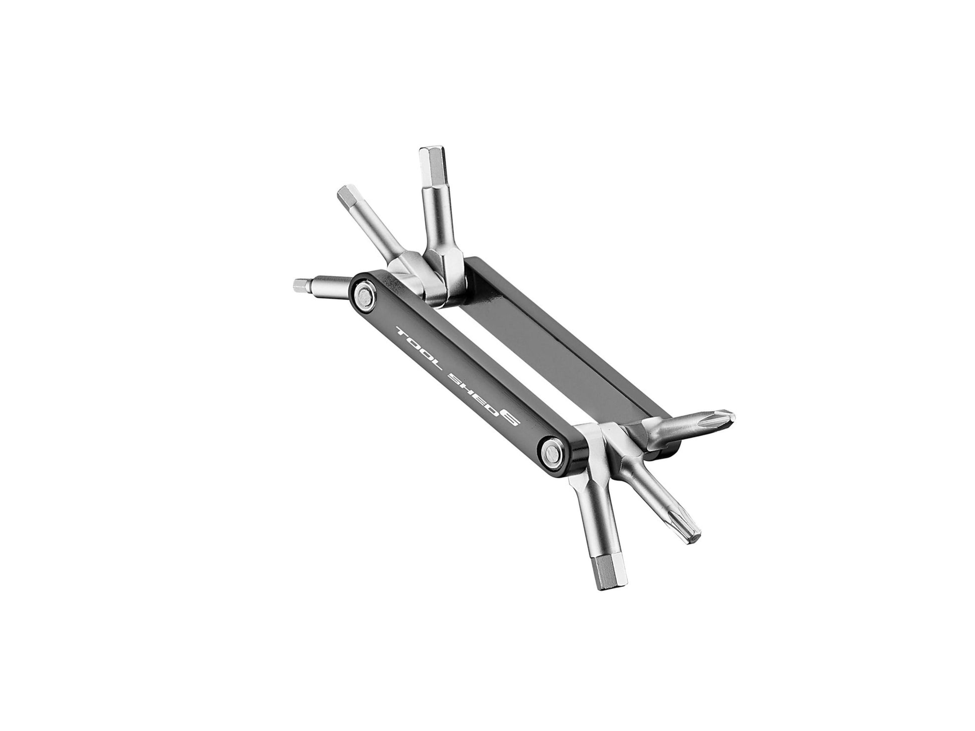 Multitool with multiple tools extended on a white background