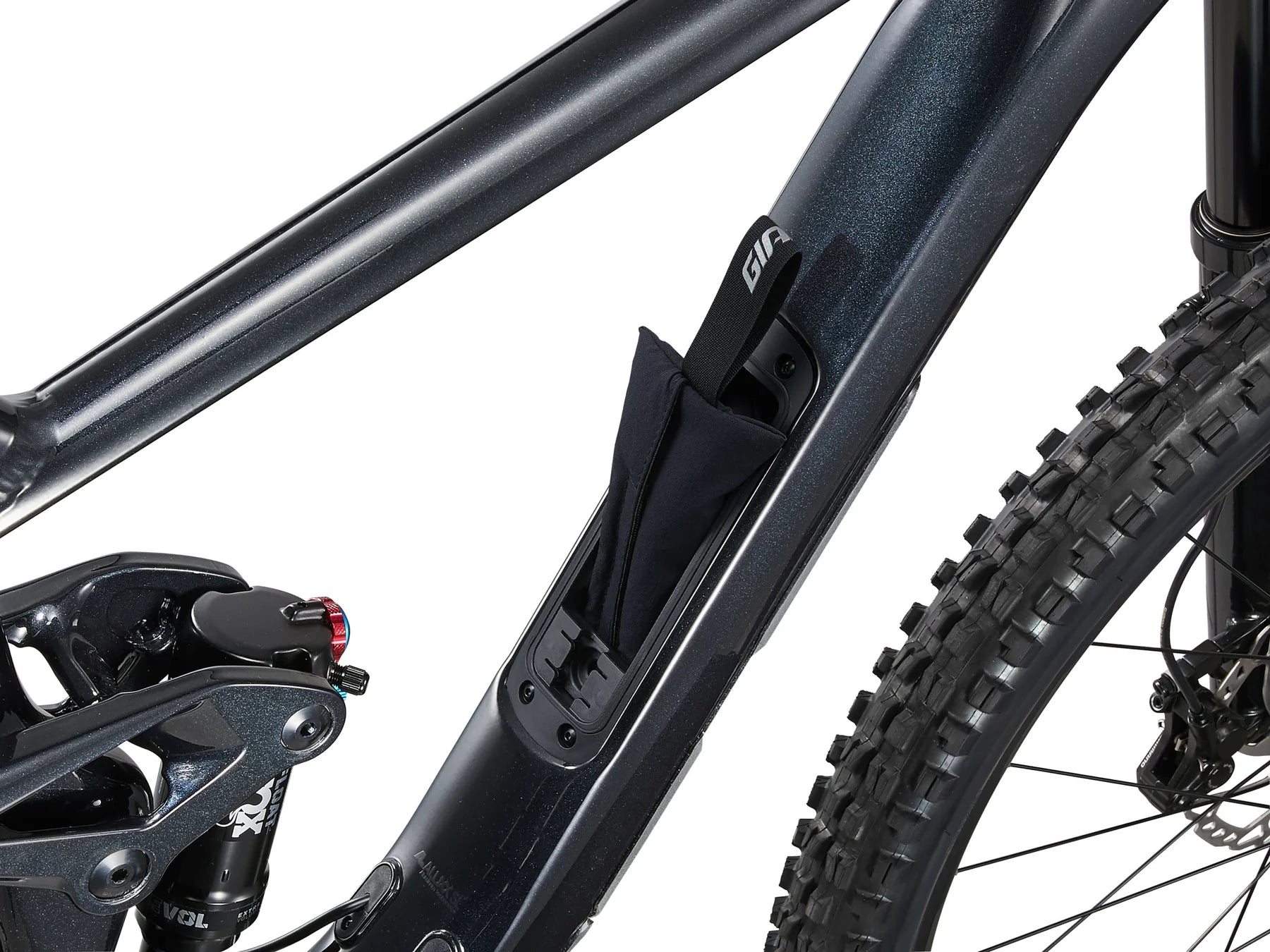 Close-up of a bicycle frame with a black fender on a white background