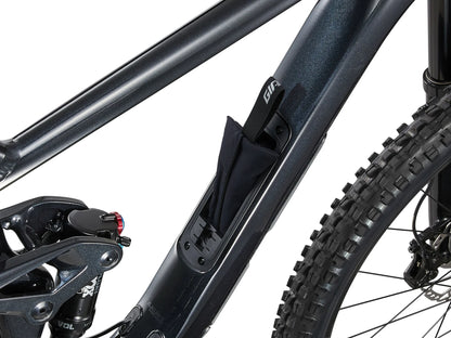 Close-up of a bicycle frame with a black fender on a white background