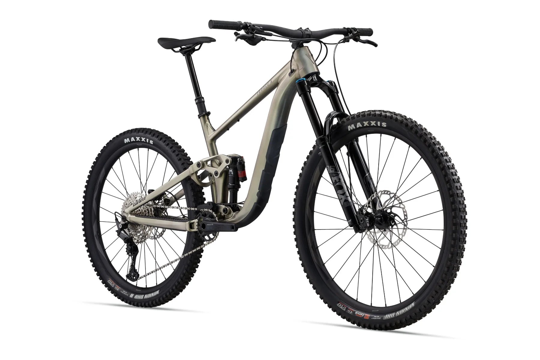 Mountain bike with a beige frame and black components on a white background