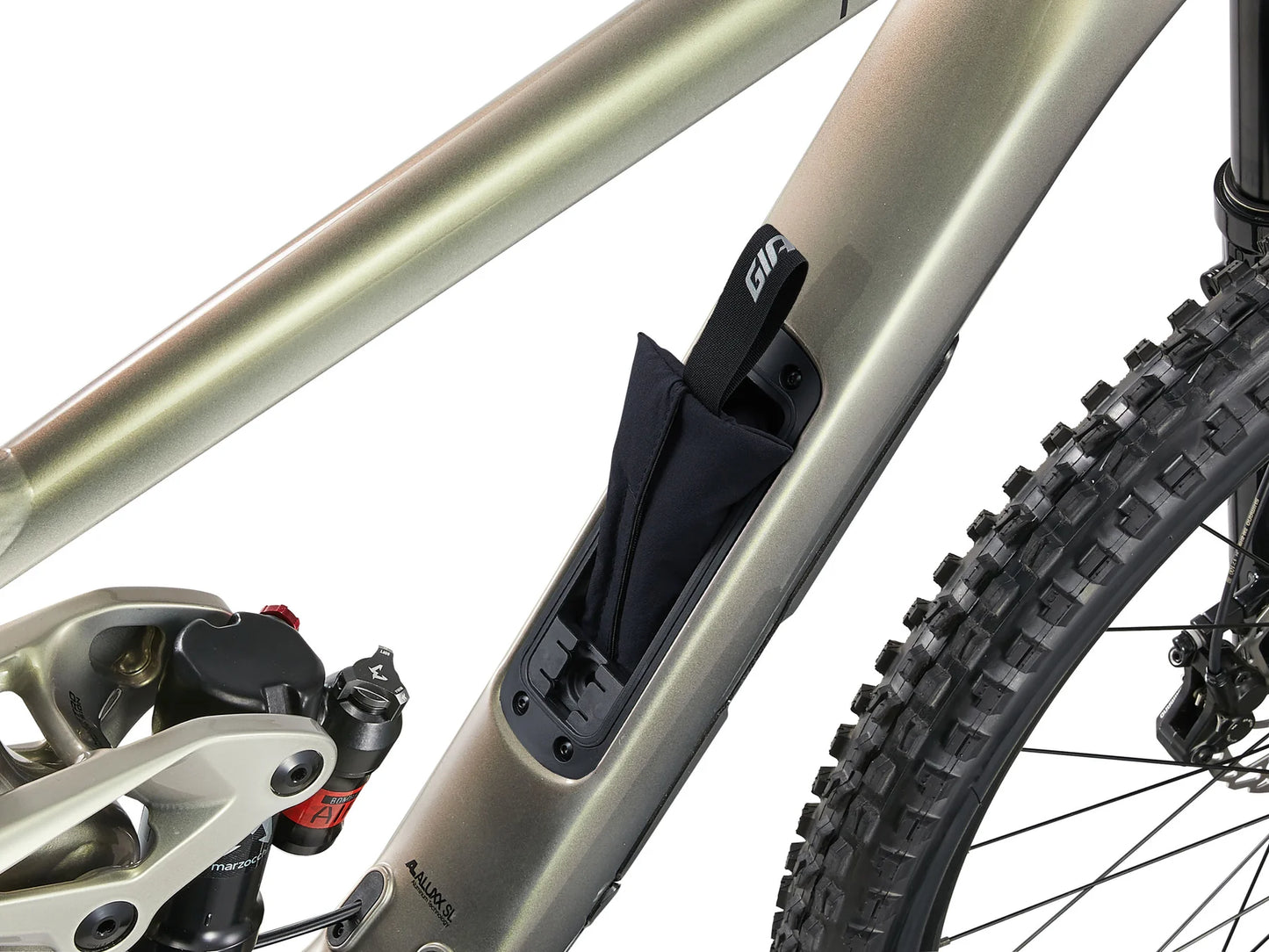 Bicycle frame with a black bag attached on a white background