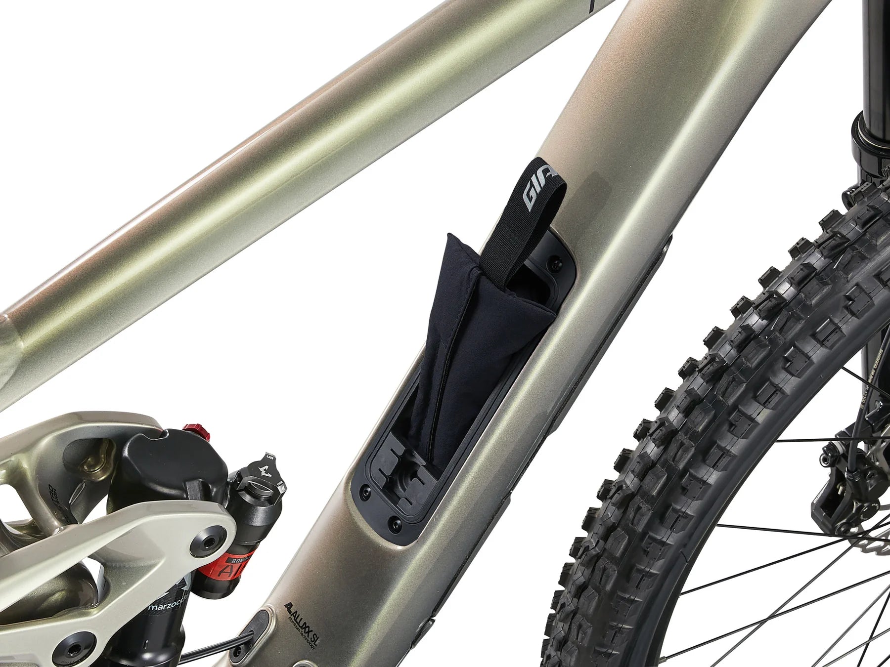 Bicycle frame with a black bag attached on a white background