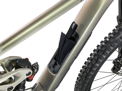 Bicycle frame with a black bag attached on a white background