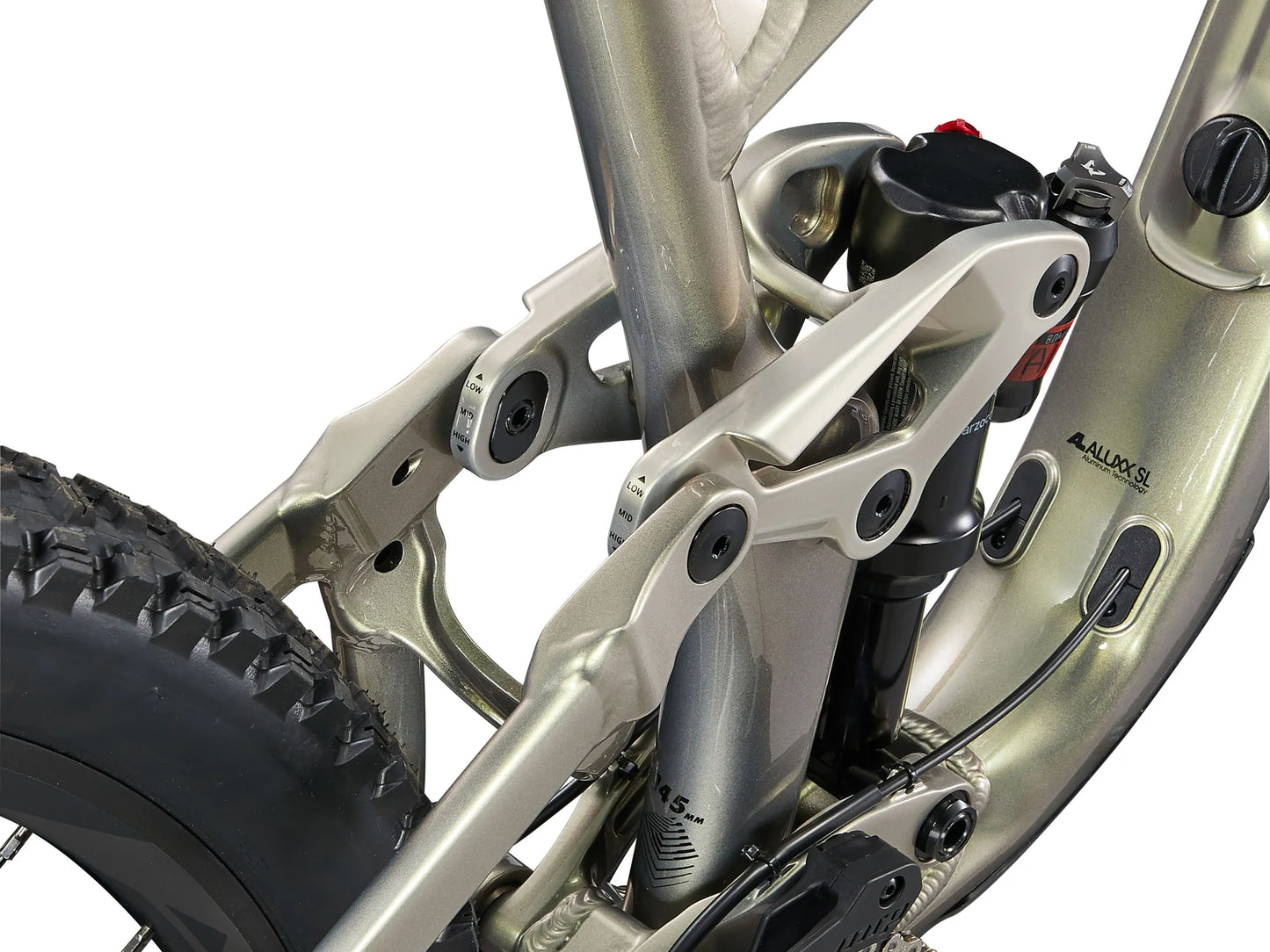 Close-up of a bicycle suspension fork on a white background