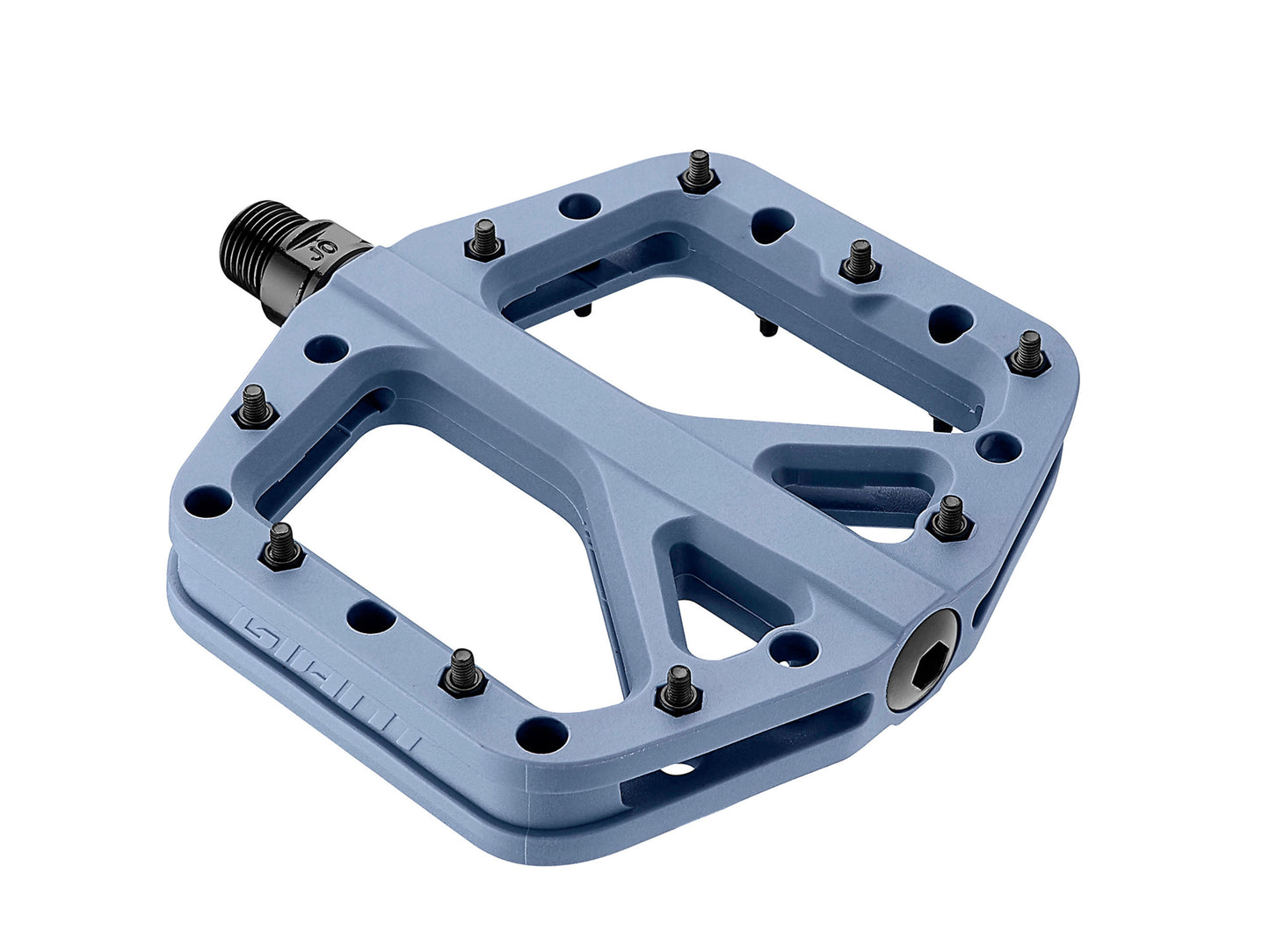 Blue bicycle pedal with multiple mounting holes on a white background