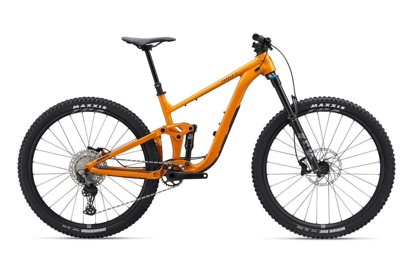 Orange mountain bike with black tires on a white background
