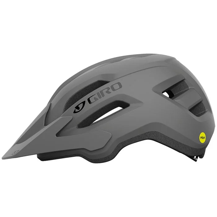 Gray bicycle helmet with Giro logo on a white background